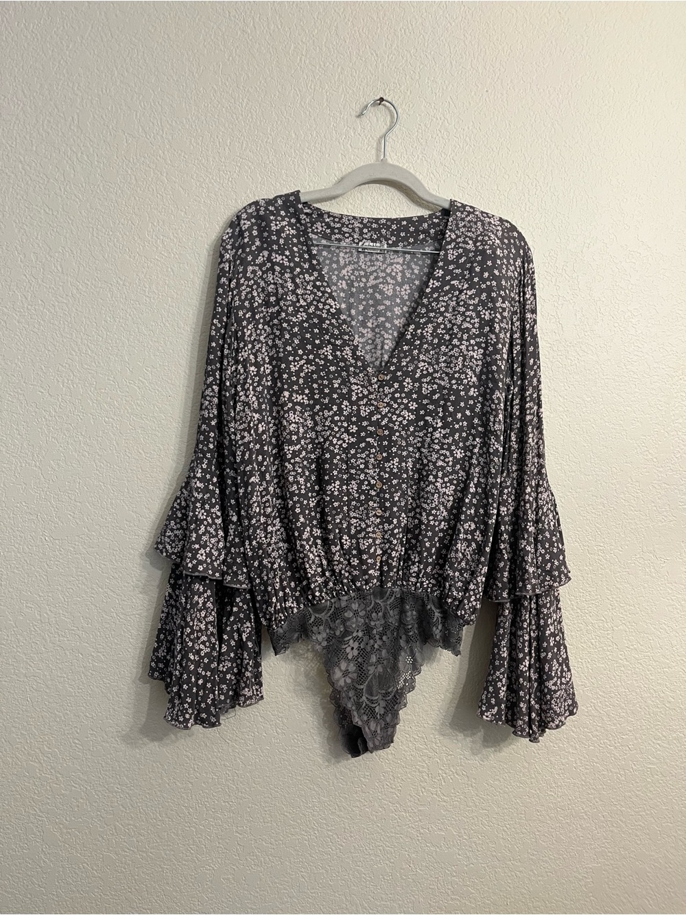 Free People Charcoal Floral Lace-Trim Bodysuit